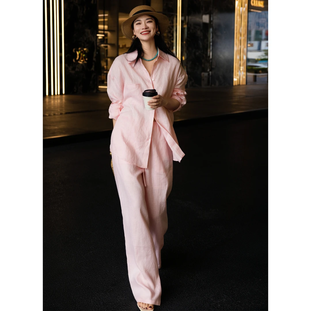 法式时尚松弛感亚麻衬衫套装女春秋夏季新款宽松衬衣阔腿裤两件套