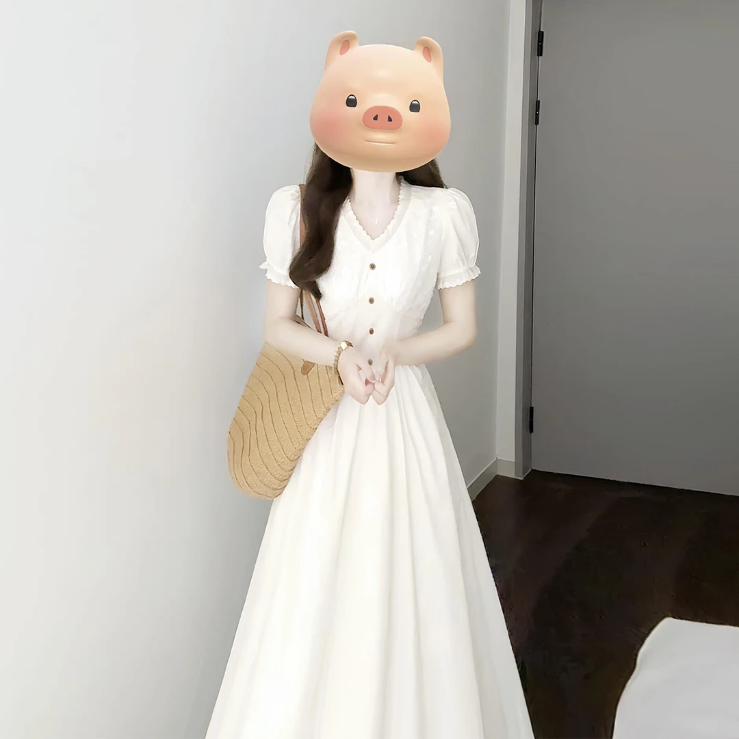法式气质白色v领长款连衣裙子女夏季2025新款绝美巨好看掐腰长裙