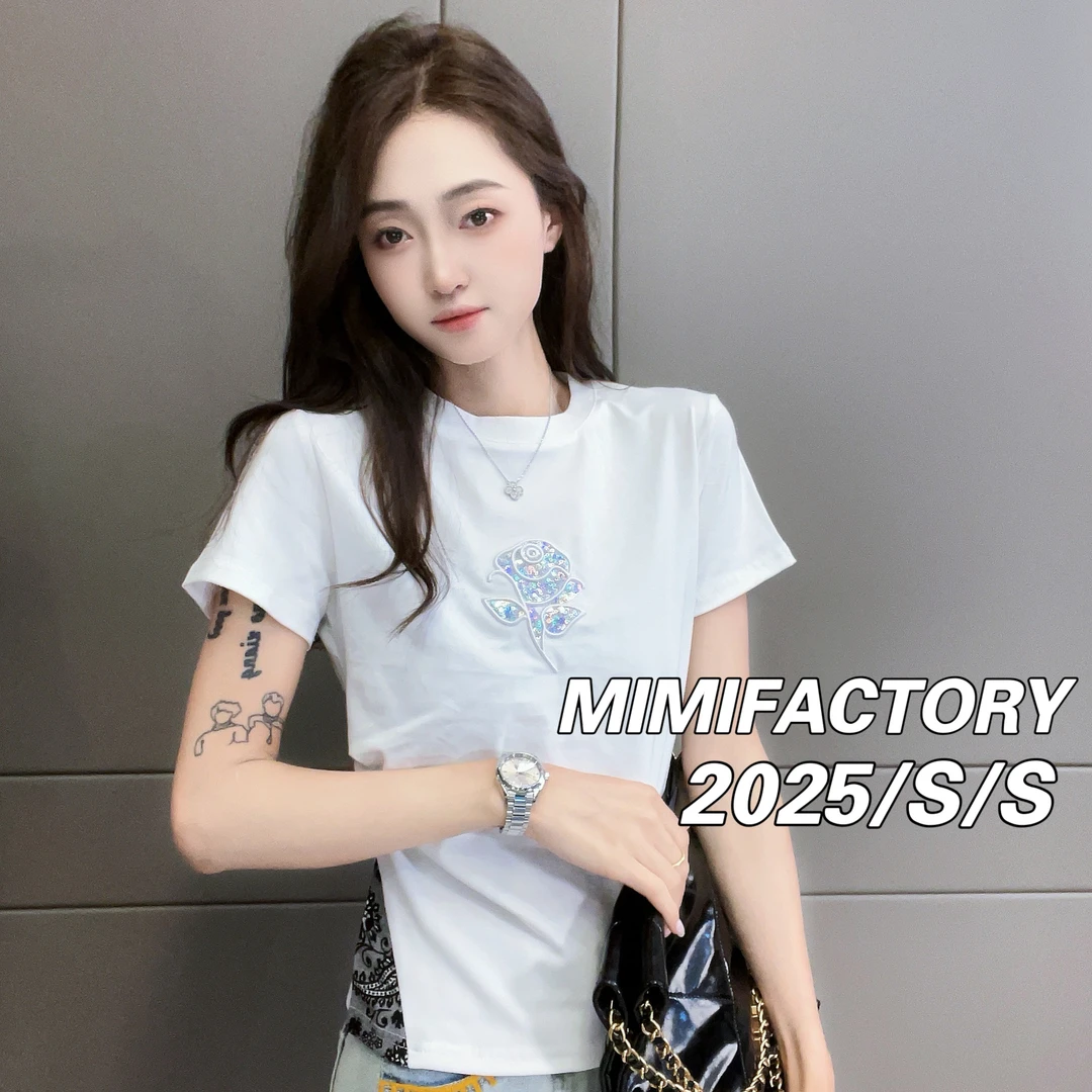 芈芈-2025夏季新款 玫瑰刺绣亮片T恤女修身显瘦时尚休闲百搭4354#