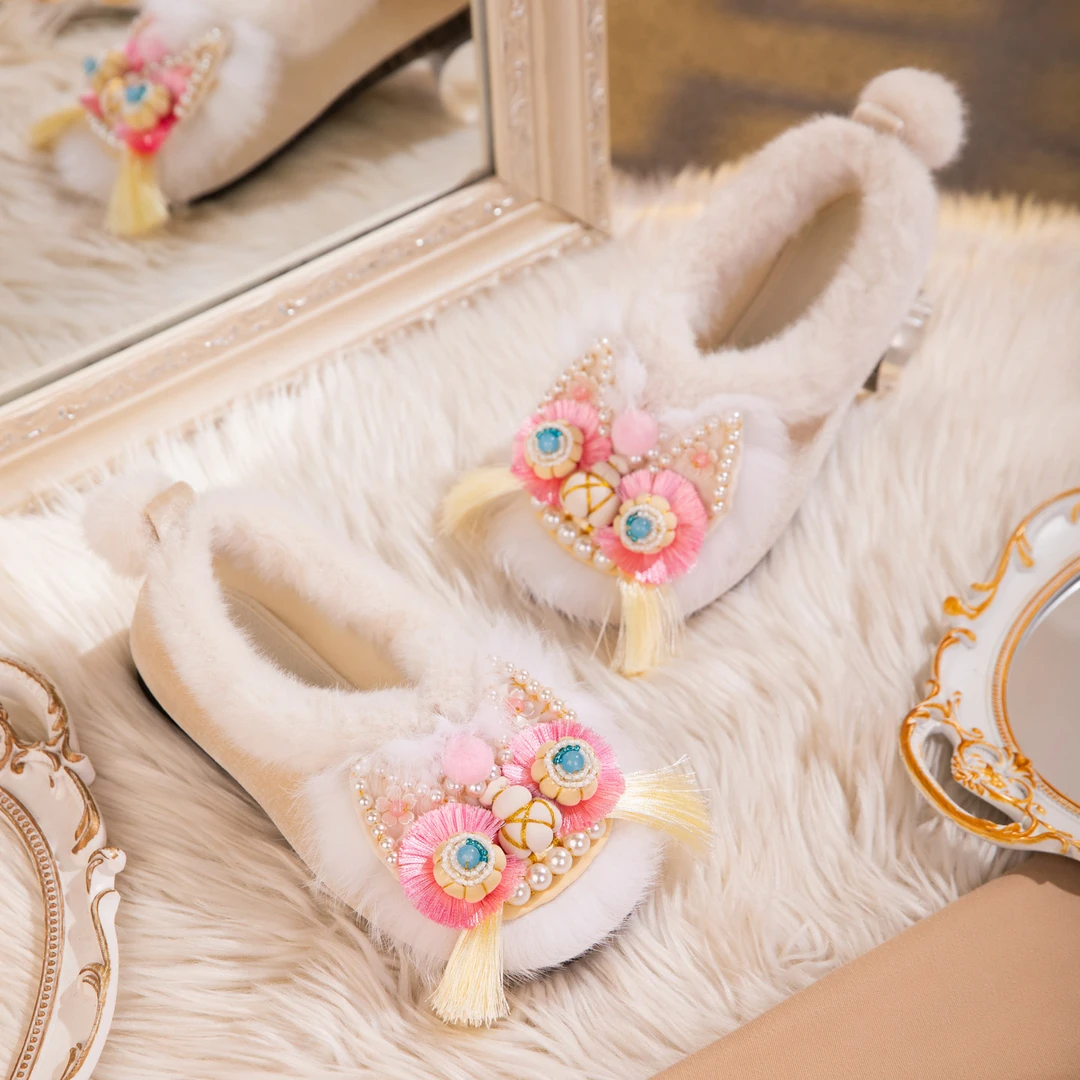 手工定制加绒虎头鞋古风汉服棉鞋新中式冬季保暖平底女鞋绣花棉鞋