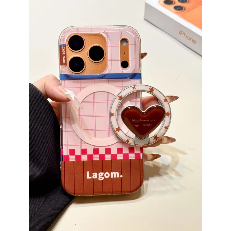 拼接粉棕格爱心折叠磁吸支架适用苹果17promax手机壳15iphone16