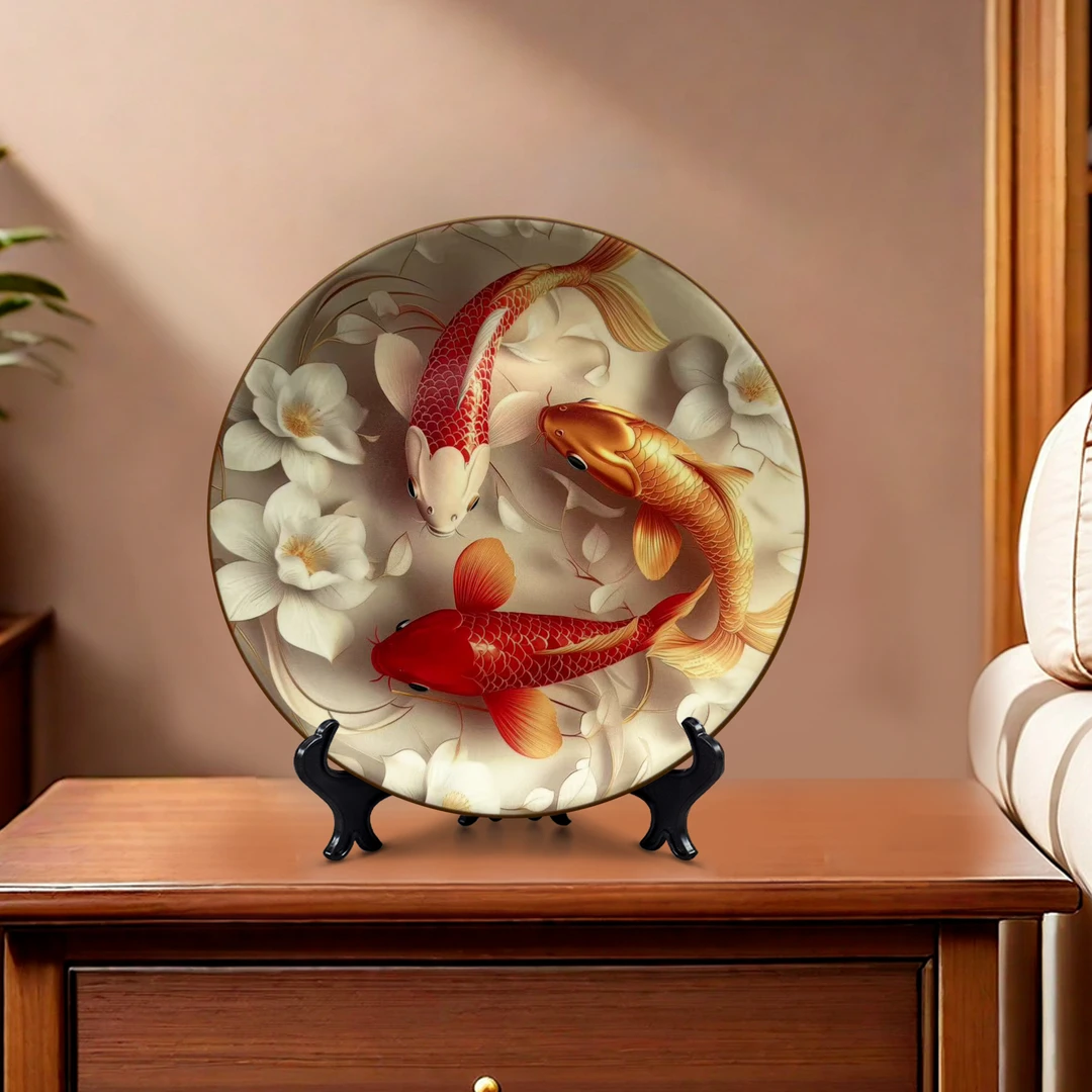 中式陶瓷锦鲤艺术装饰赏盘复古玄关摆盘挂盘墙面摆件锦鲤2525