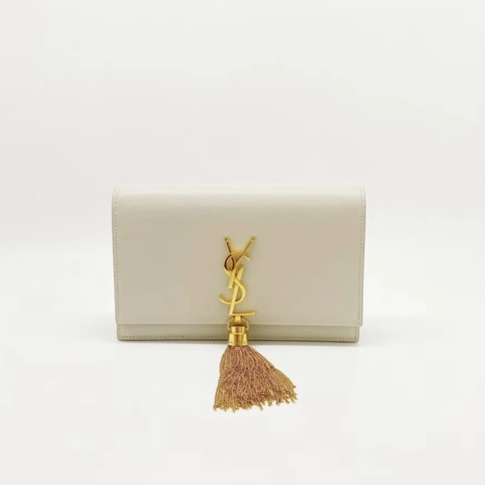 95新 YSL/圣罗兰 YSL/圣罗兰白色小号流苏金色链条包