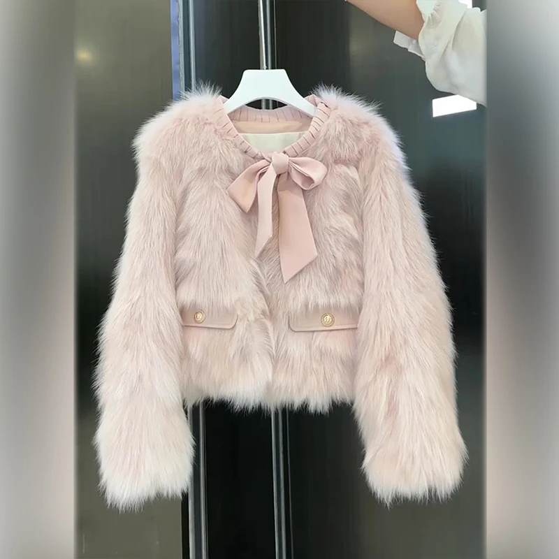 冬季粉色女短款蝴蝶结流苏边设计感减龄外套毛茸茸33060#