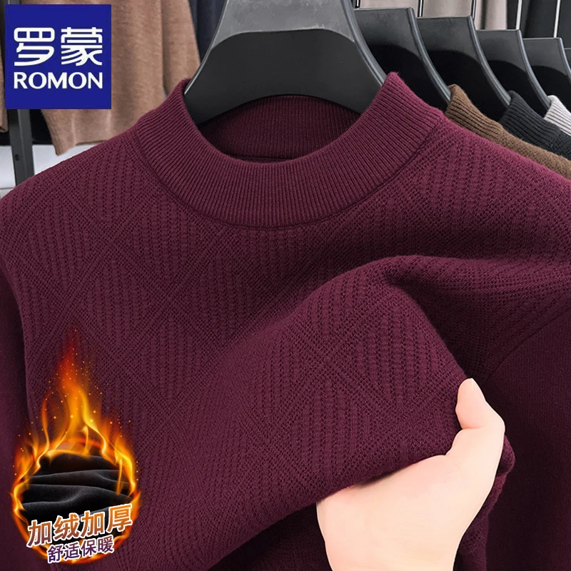 罗蒙商务爸爸装红色本命年针织衫秋冬季加厚男士宽松圆领喜庆毛衣