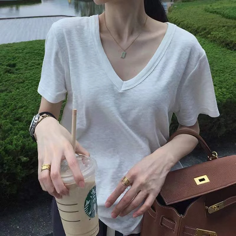 竹节棉短袖t恤女白色V领上衣夏季薄款宽松慵懒复古港味百塔打底衫