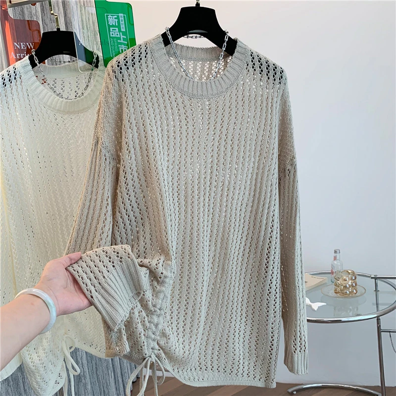 大码针织衫罩衫女2025早秋新款设计感胖mm显瘦抽绳上衣镂空T恤女