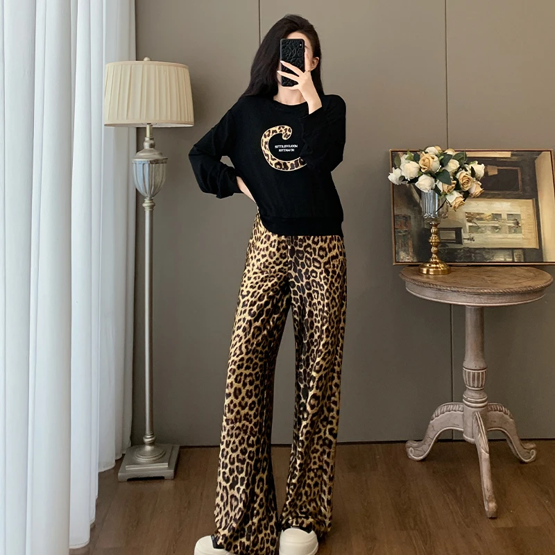 豹纹春夏秋长裤薄款直筒裤休闲宽松秋季时尚两件套时尚女装长袖