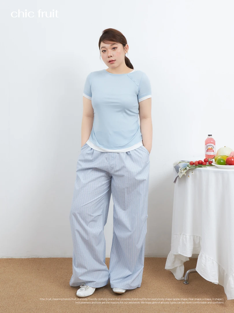 Chic Fruit大码微胖常规短袖拼接宽松直筒透气T恤有弹力拼色蓝色