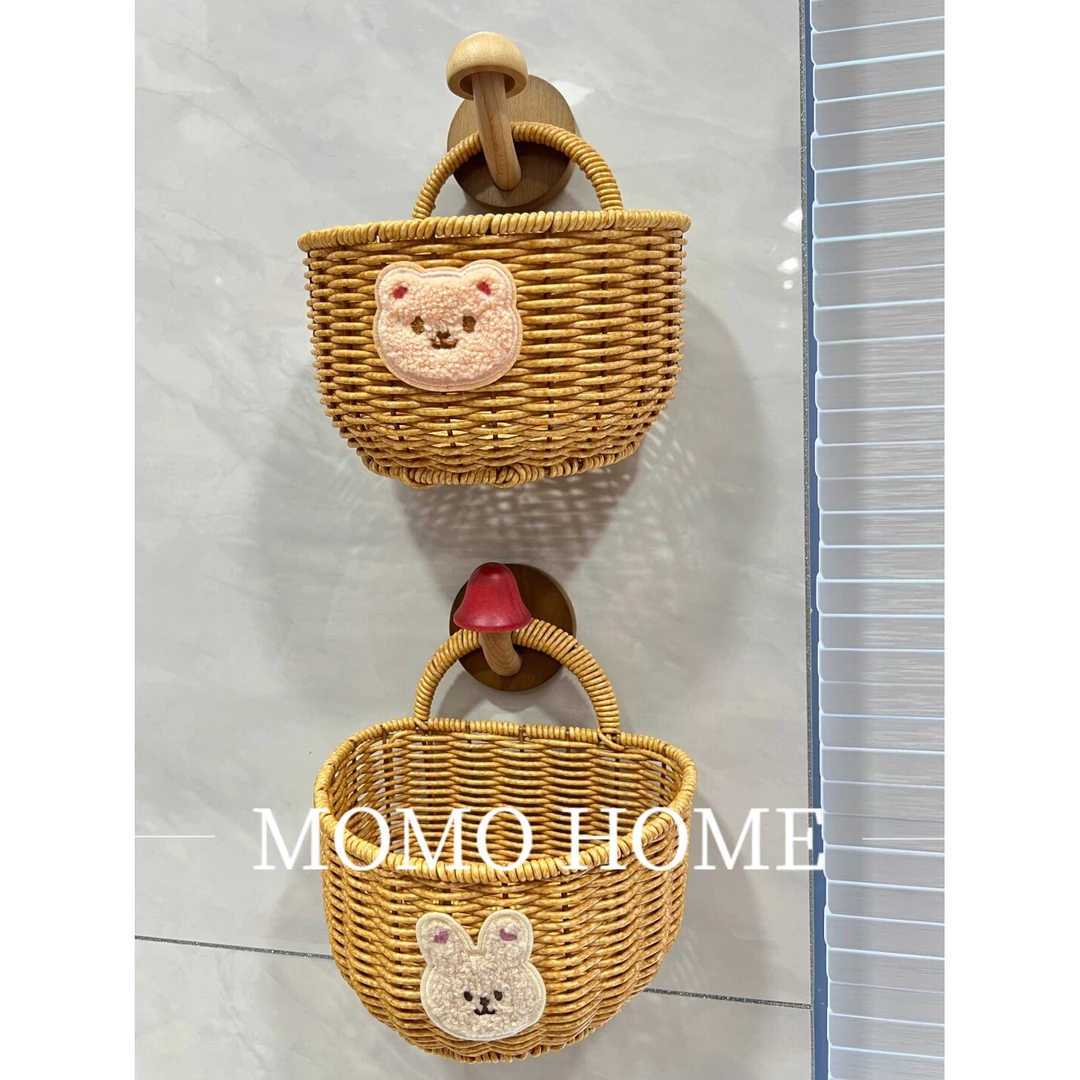 MOMO辣子姜蒜收纳篮卡通厨房仿藤编织鸡蛋生姜大蒜收纳筐壁挂式置