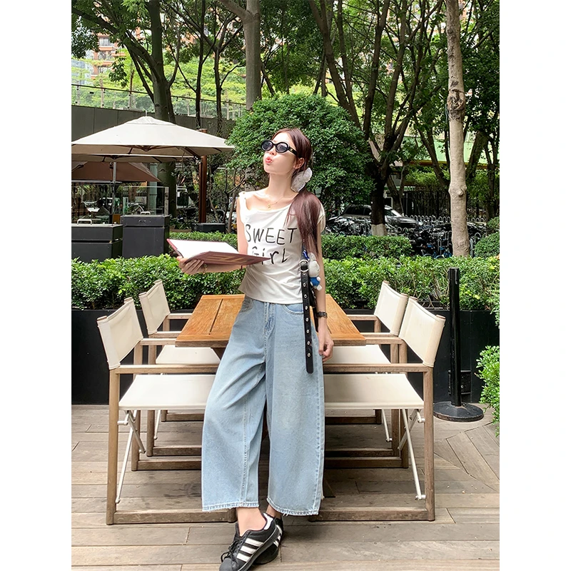 DX.DAXI【空气团子裤】复古浅蓝色a字高腰阔腿牛仔裤女Z252NZR6206