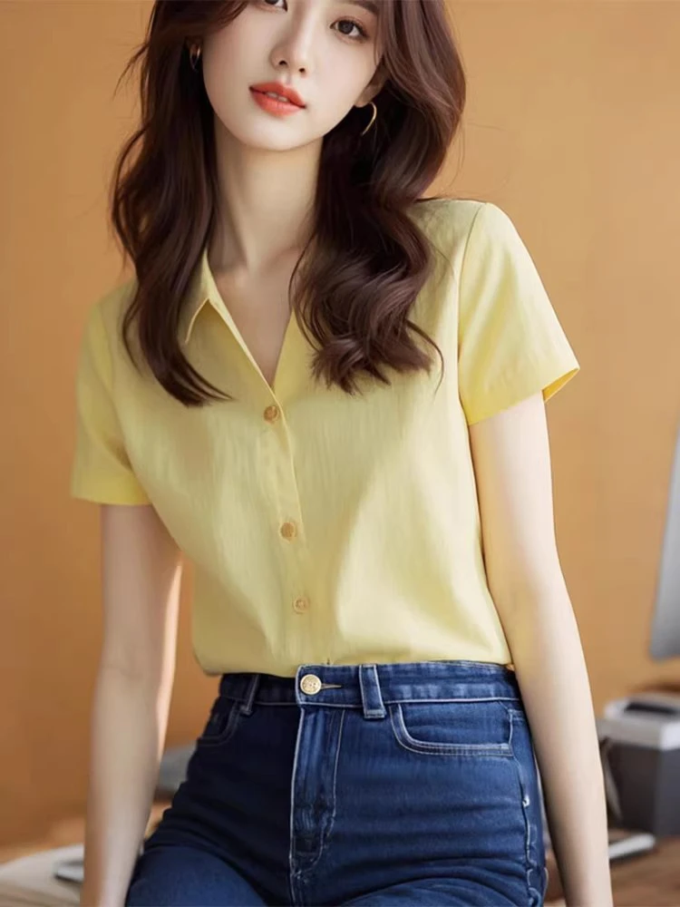 黄色短袖衬衫女2025夏季新款爆款小衫高级感独特漂亮法式气质上衣