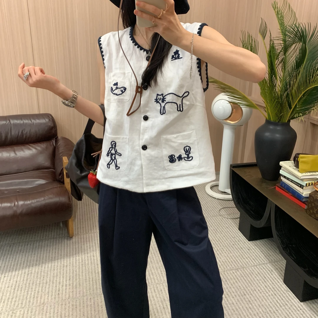 ByJunjun【白日梦】刺绣亚麻马甲夏季休闲宽松无袖马夹