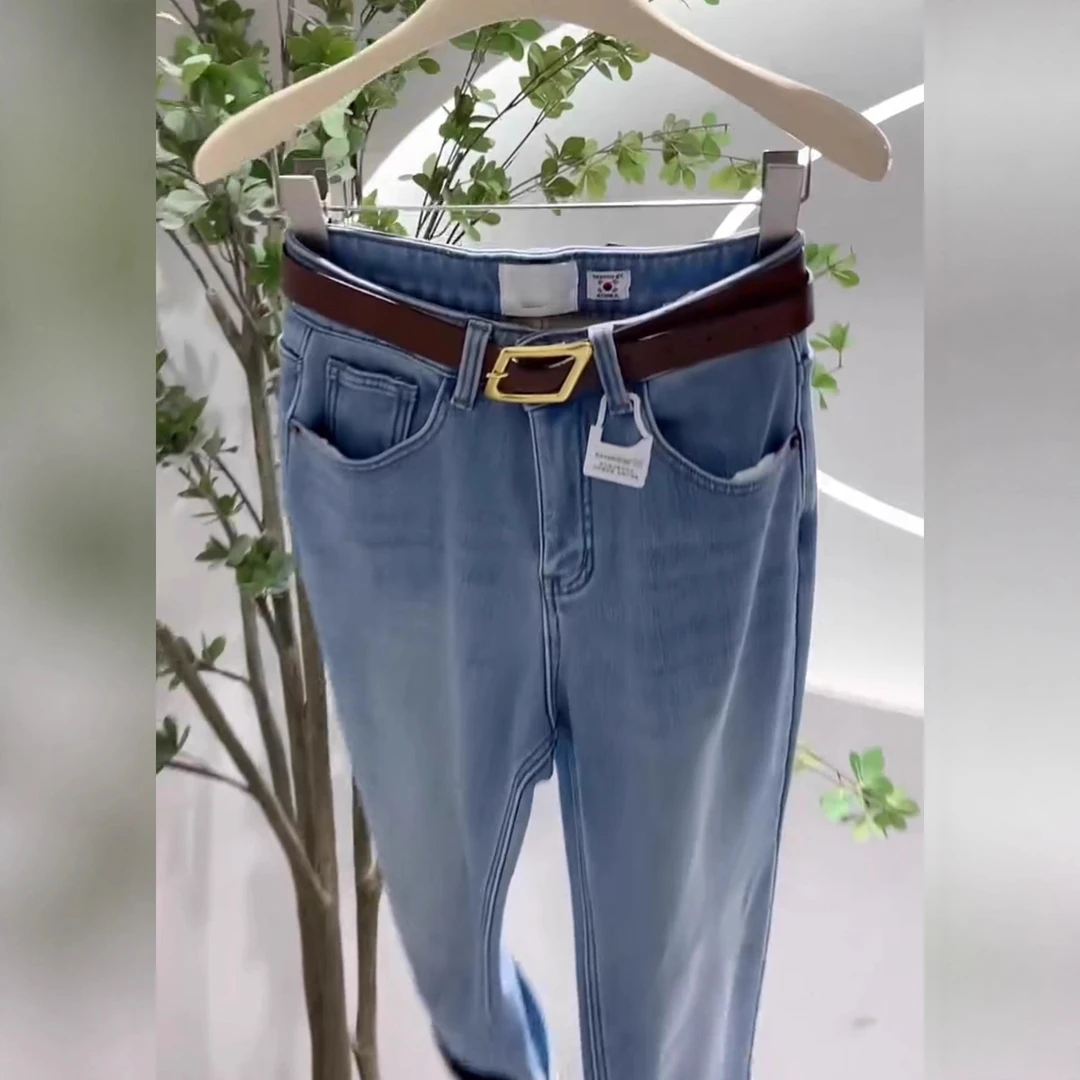 加绒加厚牛仔裤女秋冬季2025年新款显瘦浅色宽松设计感直筒阔腿裤