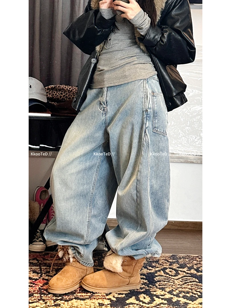 KkK【解构 】冰蓝水洗做旧秋冬加绒侧缝拼接重磅弯刀裤牛仔裤