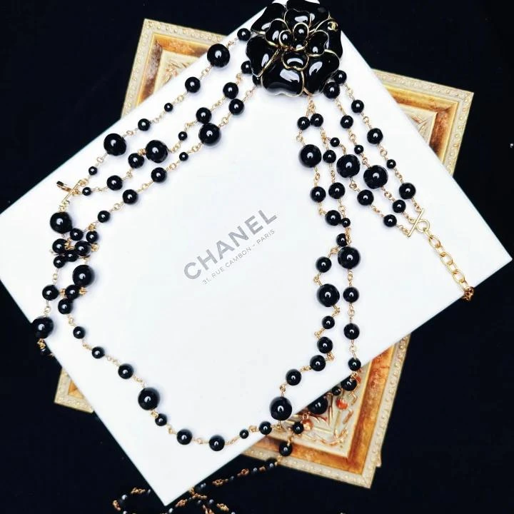 95新 Chanel/香奈儿 柚礼中古/香奈儿黑色山茶花项链LE510022