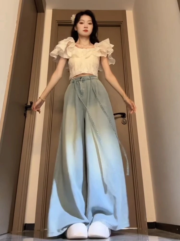 夏季穿搭一整套辣妹套装女白色抹胸上衣高腰阔腿牛仔裤气质两件套