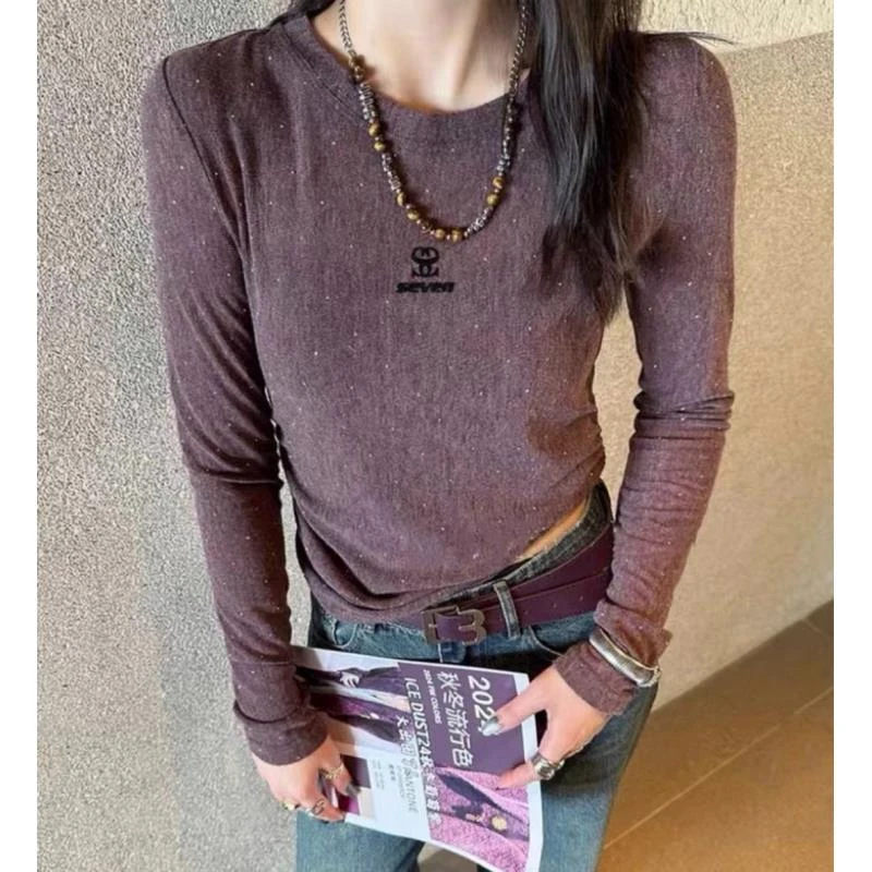 WANTHAT/凡黛卡洋气植绒烫钻长袖T恤女显瘦百搭侧褶皱打底A1150