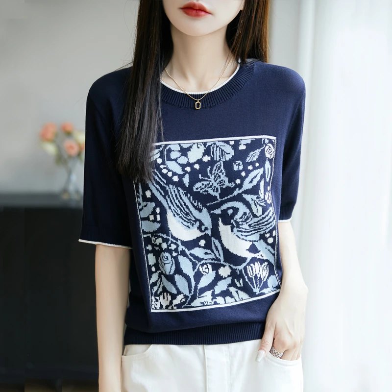 夏季修身短袖针织t恤百搭时尚薄款印花针织短袖 高端轻奢圆领半袖