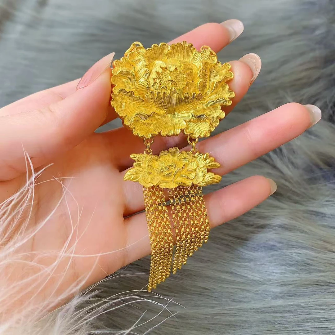 【伟新源】足金999 古法工艺 錾刻牡丹花毛衣坠38.01克（分链接1/2）