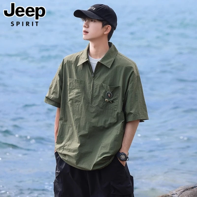 jeep吉普日系半拉链POLO衫短袖男士夏季重磅工装衬衫潮牌半袖上衣