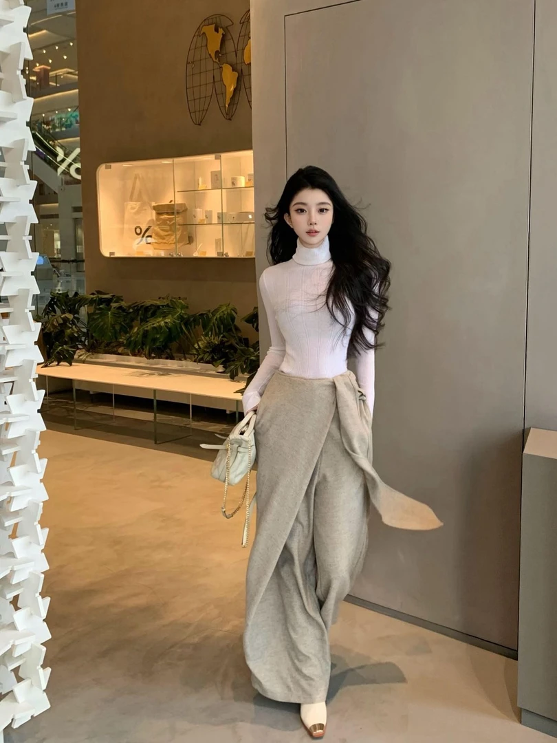 简约高领长袖修身上衣洋气休闲百搭气质显瘦宽松设计长裤时尚套装