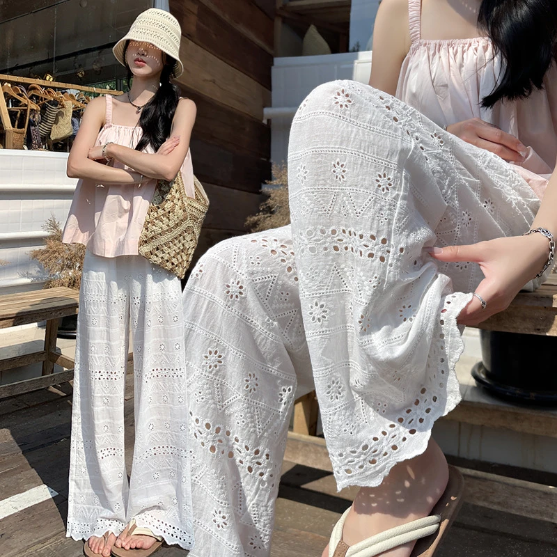 白色镂空蕾丝梧桐裤女2025夏季薄款度假简约风休闲宽松直筒阔腿裤