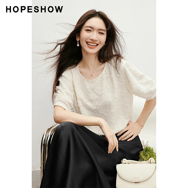 红袖2025夏季新款女装 剪花肌理H型圆领套头短袖上衣90225062001