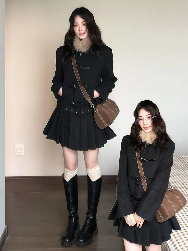 【甜酷栀系】韩系简约通勤风牛角扣呢子大衣秋冬百褶下摆毛呢外套
