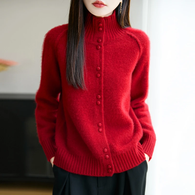 气质新年款~美丽诺100%纯羊毛加厚针织立领开衫 百搭宽松女外套