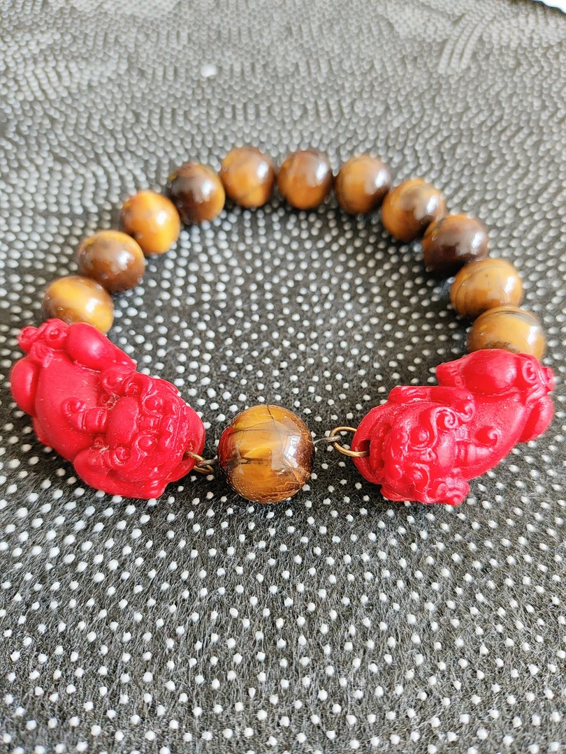 12mm黄虎眼石大珠男士手串朱砂剔红貔貅对公母财手工文创民族
