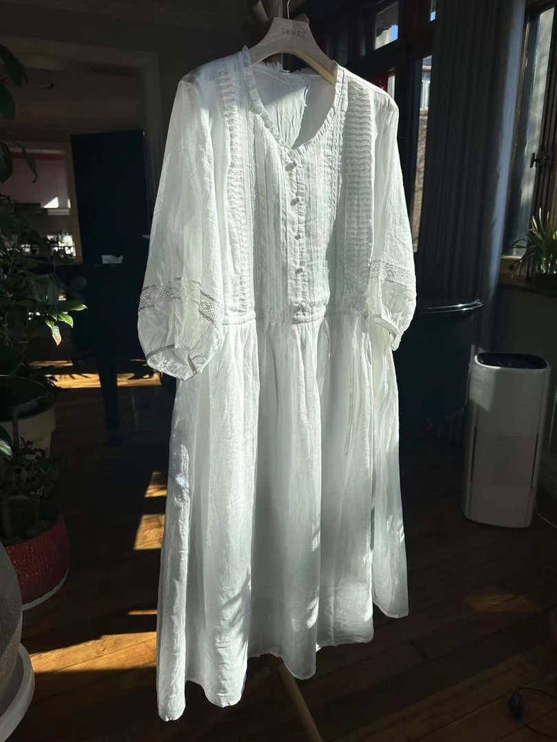 SENSE 25年  法式抽绳收腰苎麻白色连衣裙