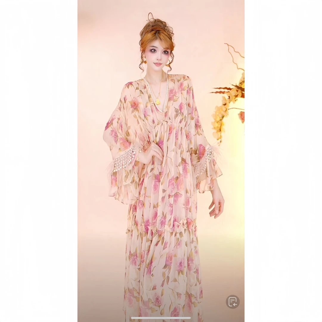 法式高级珍珠印花显瘦气质海边度假羽毛流苏连衣裙