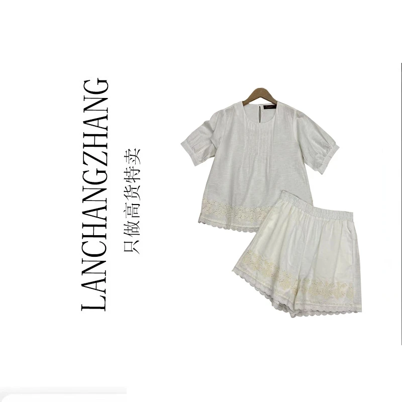 夏款透气时尚休闲刺绣套装女 捏褶短袖上衣+短裤两件套女773