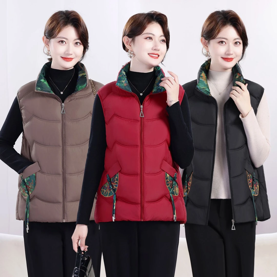 2025秋冬新品时尚文艺复古民族风中老年妈妈棉马甲保暖百搭背心女
