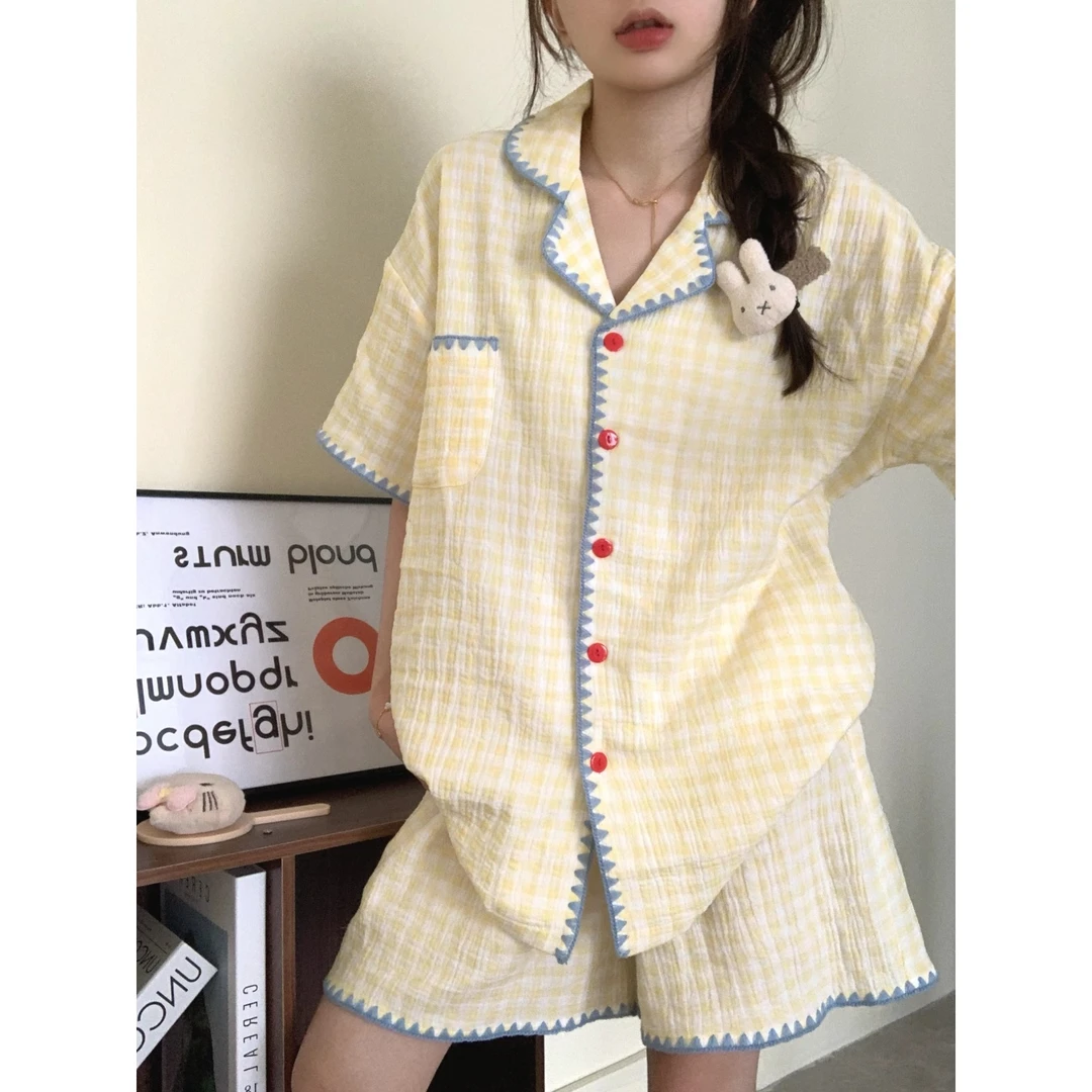 夏季可爱撞色格子睡衣女款夏2025年新款短袖套装家居服学生两件套