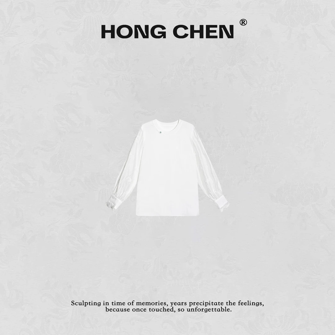 【虹辰】高端时尚优雅蕾丝提花袖气质开叉百搭高级感圆领上衣HC2388