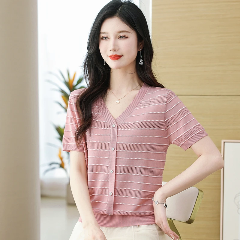 高档V领条纹天丝短袖t恤女夏装2025新款妈妈时尚上衣洋气针织衫