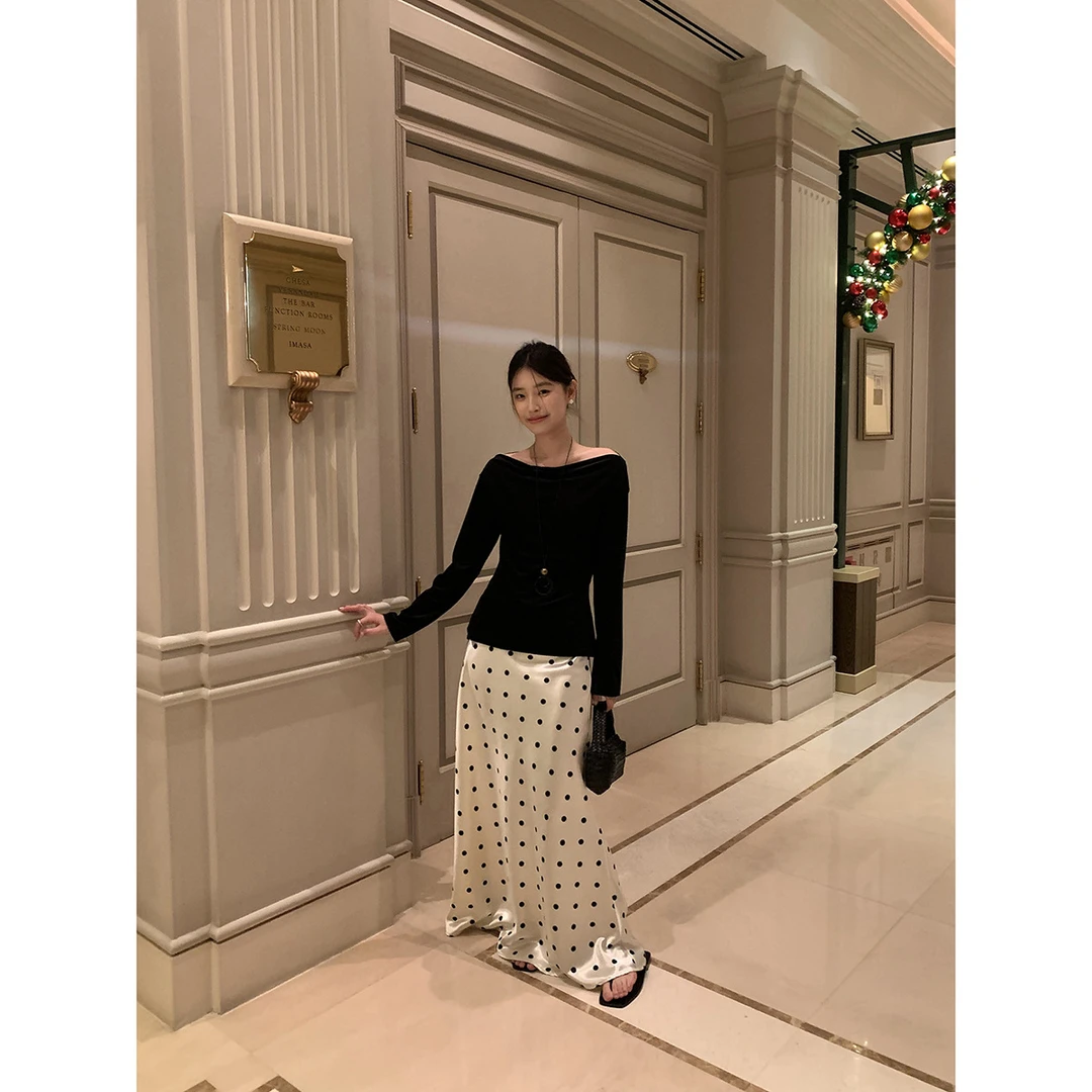 流光质感韩系波点裙时尚丝滑垂坠感高腰显瘦缎面半身长裙