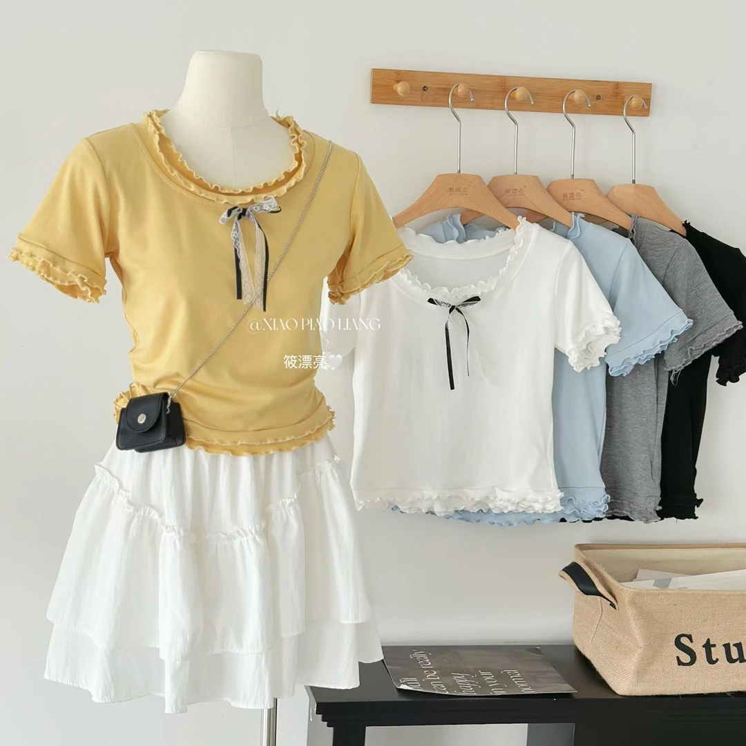 2025韩系木耳边短袖t恤女蝴蝶结百搭显瘦短款夏季T恤上衣7725#0.1