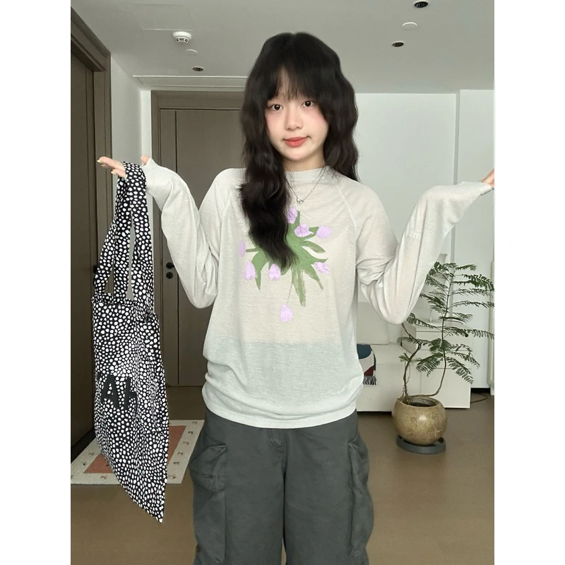 常规防晒圆领长袖撞色条纹T恤潮流针织宽松