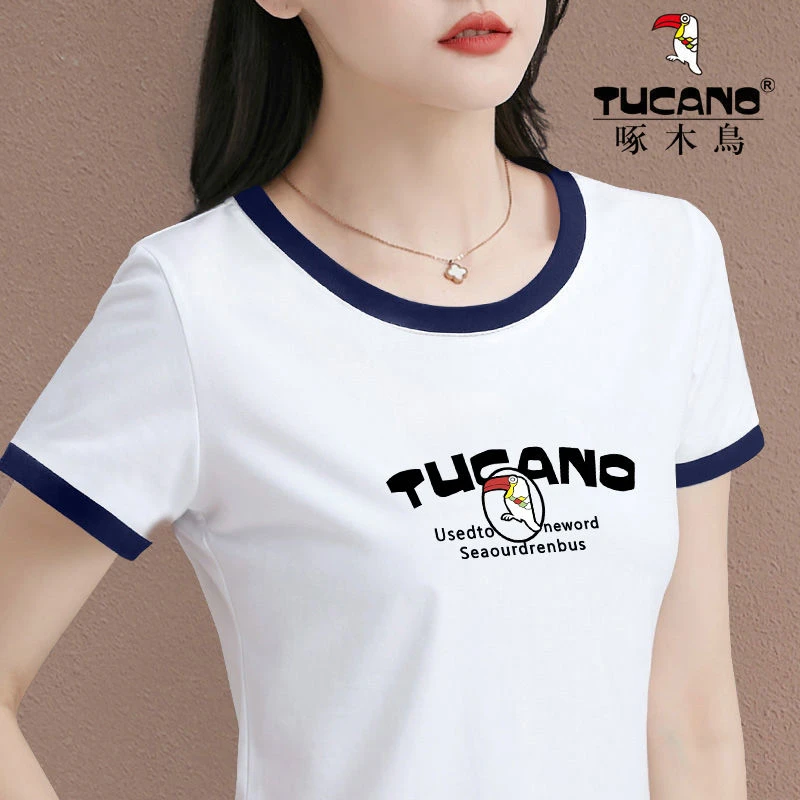 夏季正品啄木鸟中年妈妈新款薄款短袖t恤女时尚拼色圆领显瘦上衣