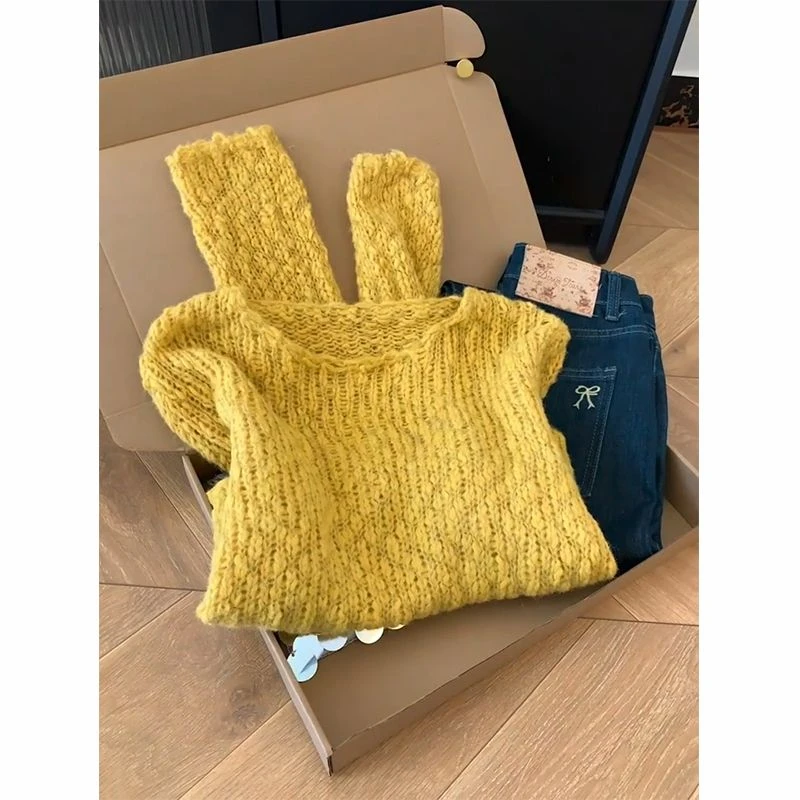 【秋季新品】超好看的黄色毛衣毛针织衫气质显瘦宽松时尚通勤上衣