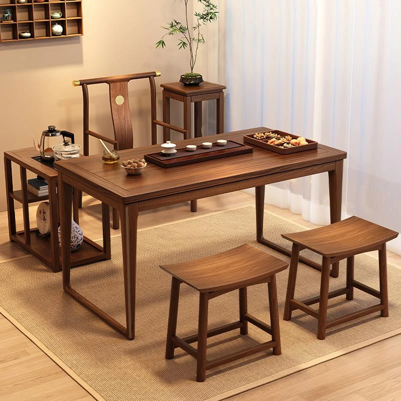 新中式阳台休闲茶桌椅组合胡桃木家用小型茶几实木茶桌书桌一体