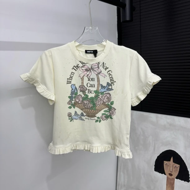 NAN·DIAO新品小众荷叶花篮小鸟T恤