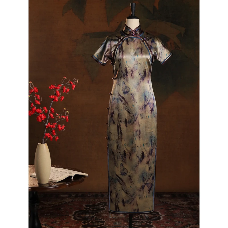 女神姑娘[媚蝶]湖丝皮子香云纱古法开襟美龄襟长旗袍N50501-5-50