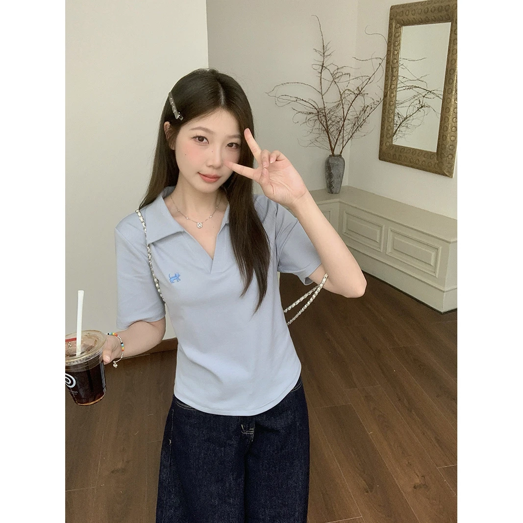【小曹大码】夏装新款女设计感卡通刺绣polo领短袖T恤-ONL35013