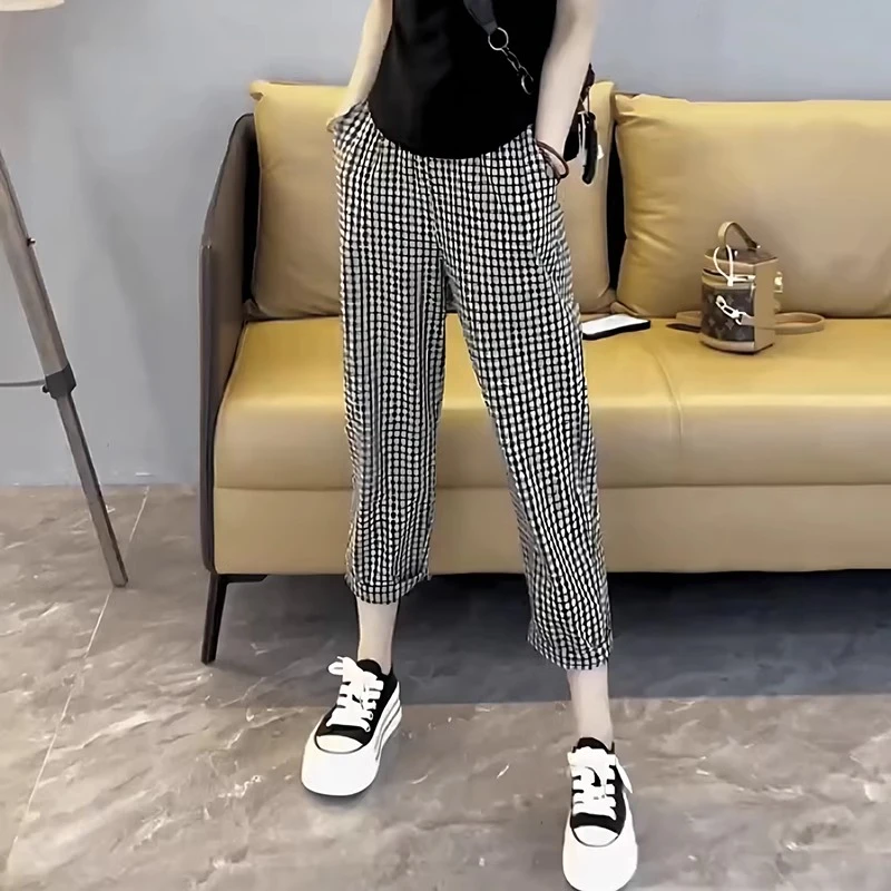 夏季薄款梨形身材微胖女生穿搭大码格子老爹休闲裤子女哈伦九分裤