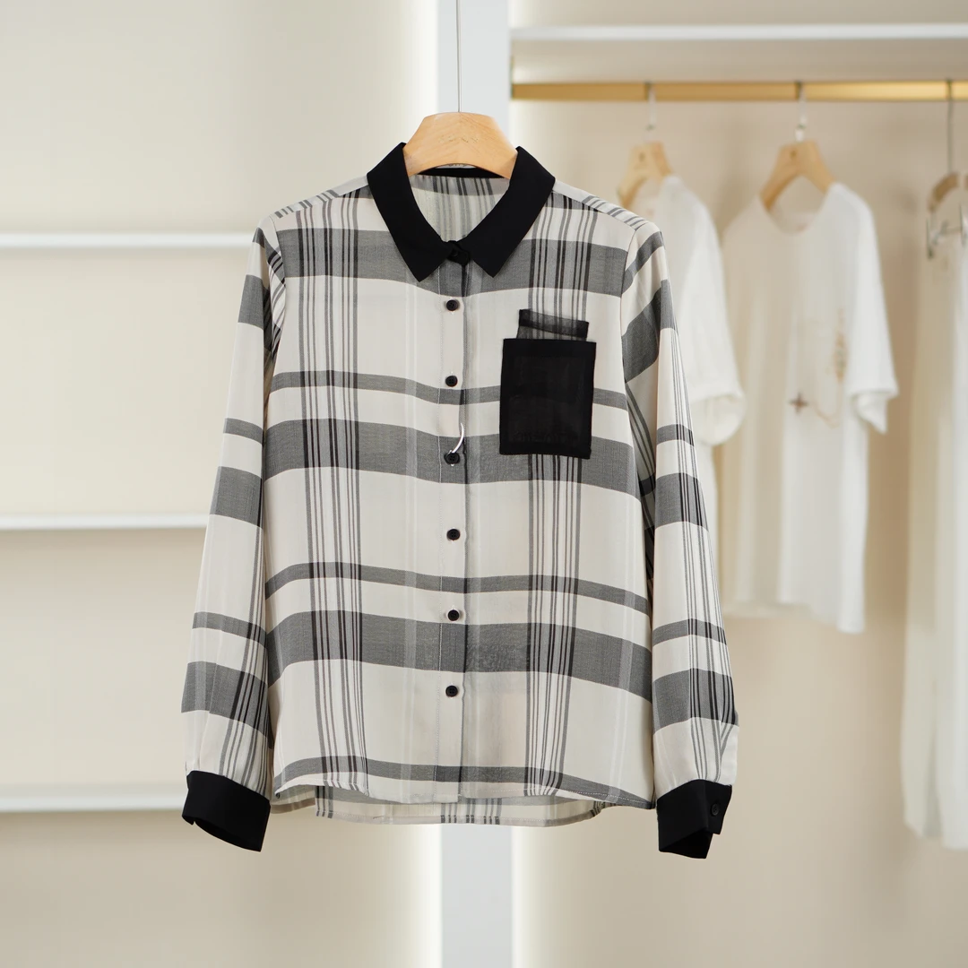 麦迪尚品【unbl】50905247 春季时尚拼料撞色格纹衬衫品牌女装