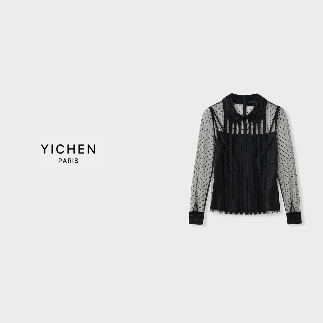 YC 重工黑色波点网纱翻领拼接轻薄款衬衫-1632